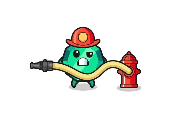 Emerald Gemstone Cartoon Firefighter Mascot Water Hose Cute Design — стоковый вектор