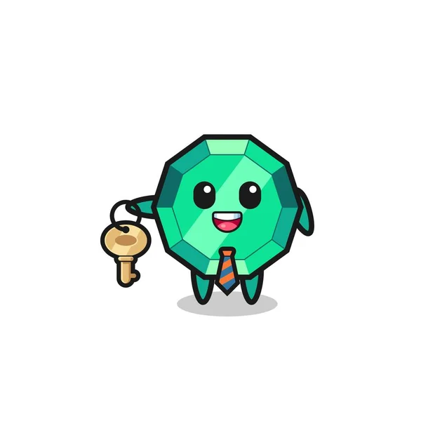 Cute Emerald Gemstone Real Estate Agent Mascot Cute Design — Stok Vektör