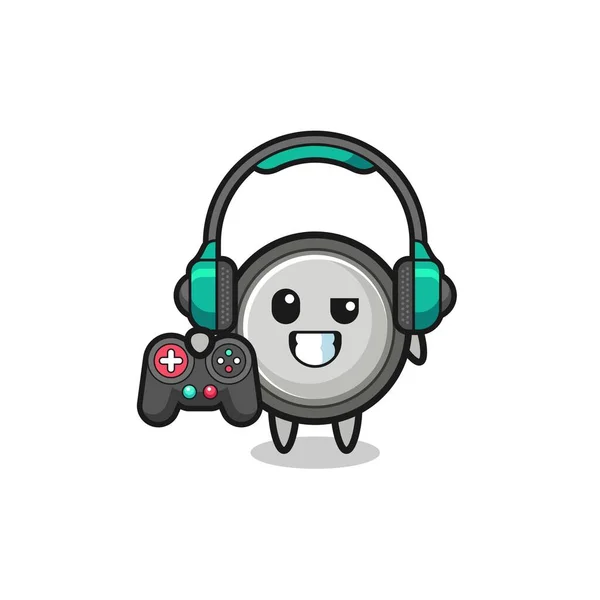 Button Cell Gamer Mascot Holding Game Controller Cute Design —  Vetores de Stock