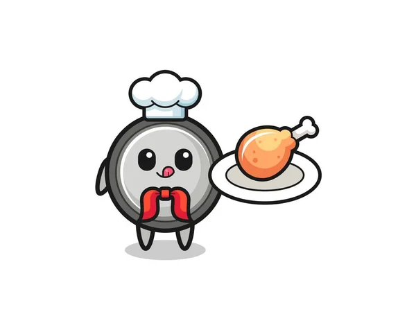 Button Cell Fried Chicken Chef Cartoon Character Cute Design — Stockvektor