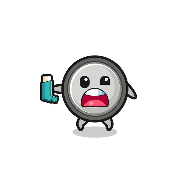 Button Cell Mascot Having Asthma While Holding Inhaler Cute Design — Vetor de Stock