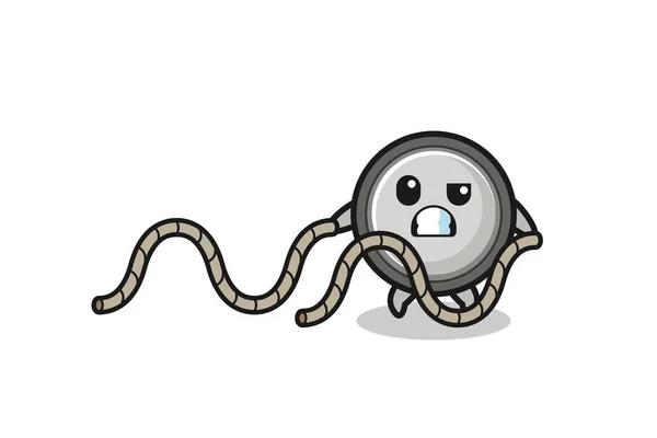 Illustration Button Cell Doing Battle Rope Workout Cute Design — Stock vektor