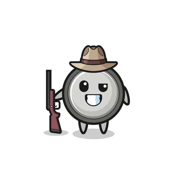 Button Cell Hunter Mascot Holding Gun Cute Design — Stok Vektör