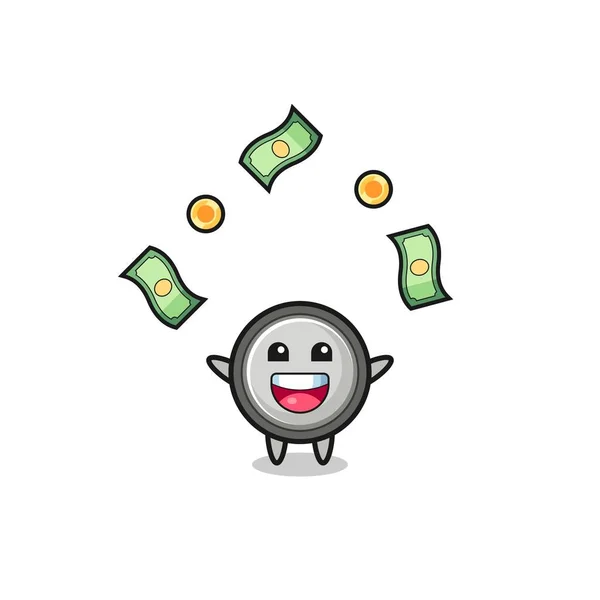 Illustration Button Cell Catching Money Falling Sky Cute Design — Stock Vector