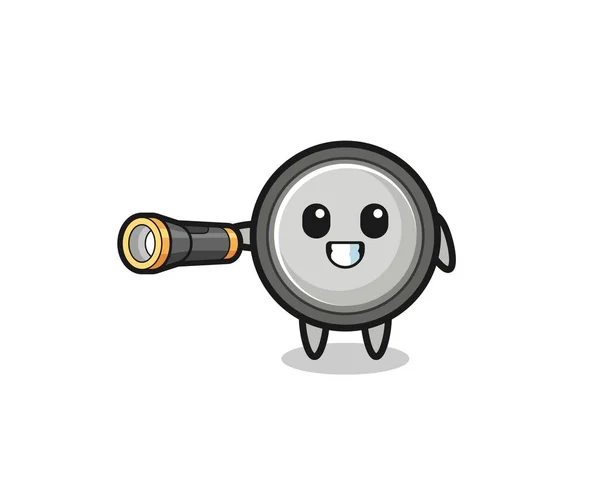Button Cell Mascot Holding Flashlight Cute Design — ストックベクタ