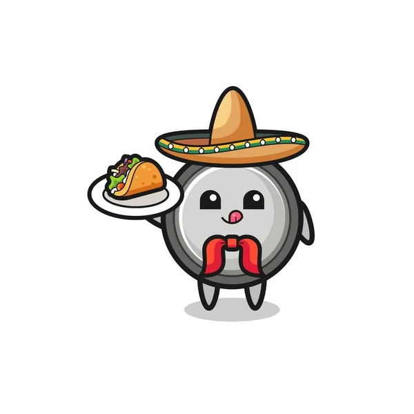Button Cell Mexican Chef Mascot Holding Taco Cute Design — Vettoriale Stock