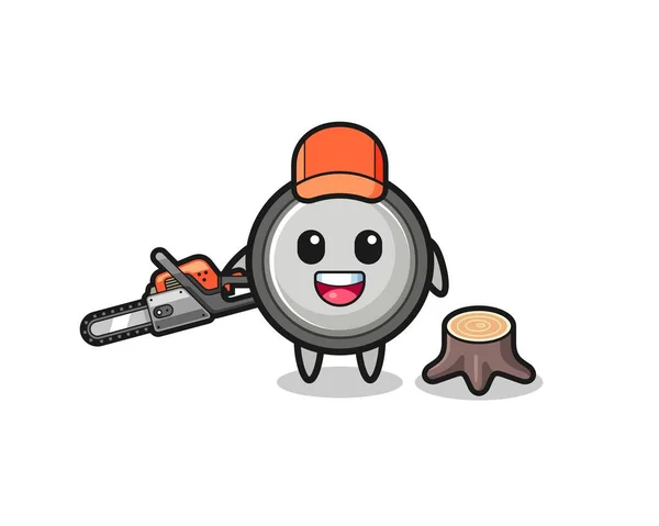Button Cell Lumberjack Character Holding Chainsaw Cute Design — Vettoriale Stock