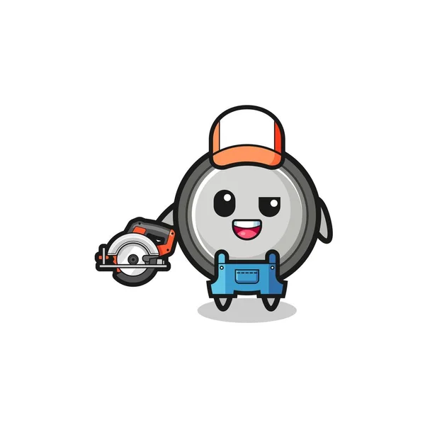 Woodworker Button Cell Mascot Holding Circular Saw Cute Design — Vetor de Stock