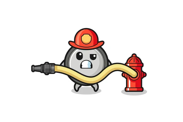 ウォーターホース付きの消防マスコットとしてのボタン細胞漫画 かわいいデザイン — ストックベクタ