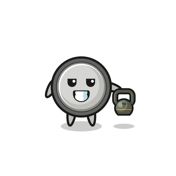 Button Cell Mascot Lifting Kettlebell Gym Cute Design — Vetor de Stock