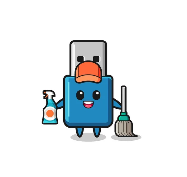 Cute Flash Drive Usb Character Cleaning Services Mascot Cute Design —  Vetores de Stock