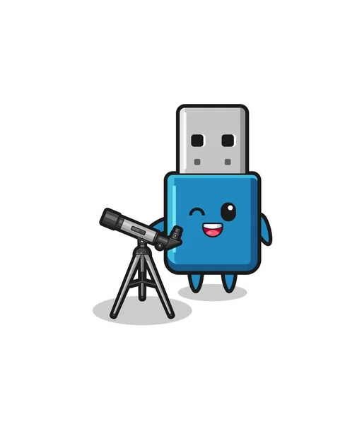 Flash Drive Usb Astronomer Mascot Modern Telescope Cute Design — Stock Vector