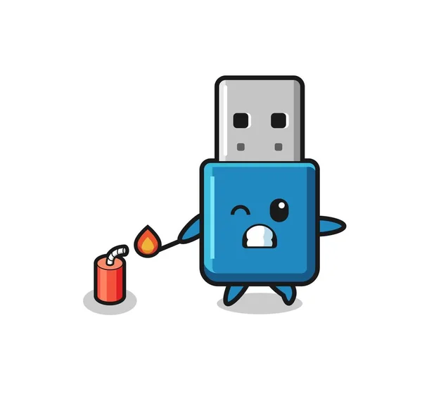 Flash Drive Usb Mascot Illustration Playing Firecracker Cute Design — стоковый вектор