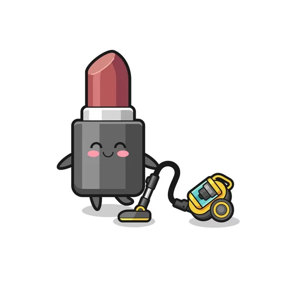 Cute Lipstick Holding Vacuum Cleaner Illustration Cute Design — Stockvector