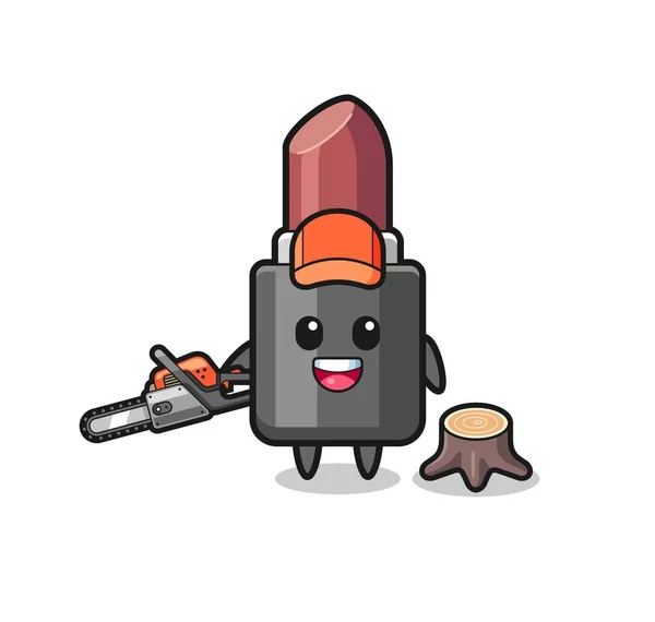 Lipstick Lumberjack Character Holding Chainsaw Cute Design — Stockvektor