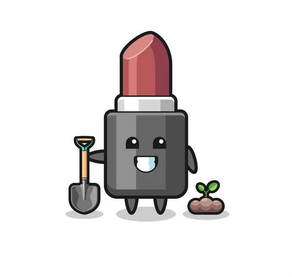 Cute Lipstick Cartoon Planting Tree Seed Cute Design — 스톡 벡터