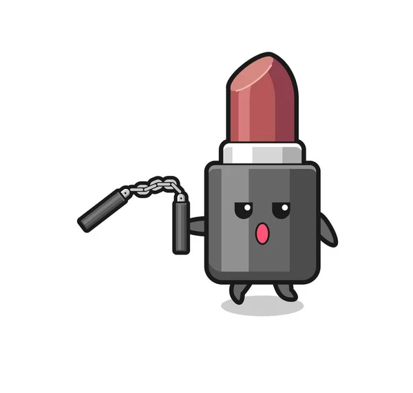 Cartoon Lipstick Using Nunchaku Cute Design — Stock Vector