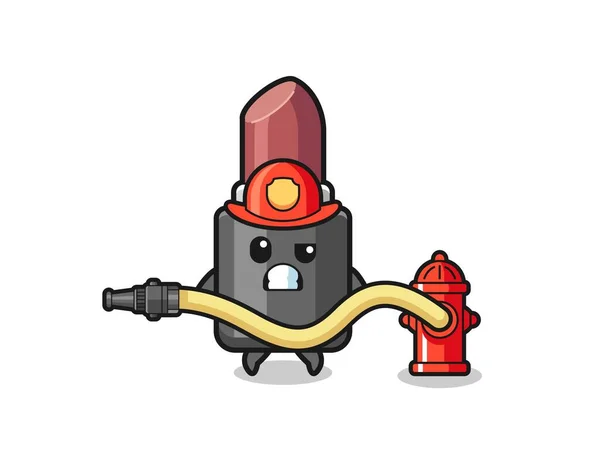Lipstick Cartoon Firefighter Mascot Water Hose Cute Design — Stockvektor