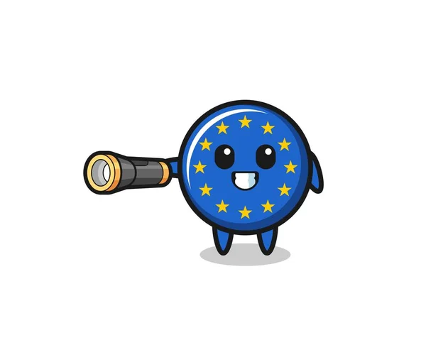 Euro Flag Mascot Holding Flashlight Cute Design — стоковый вектор