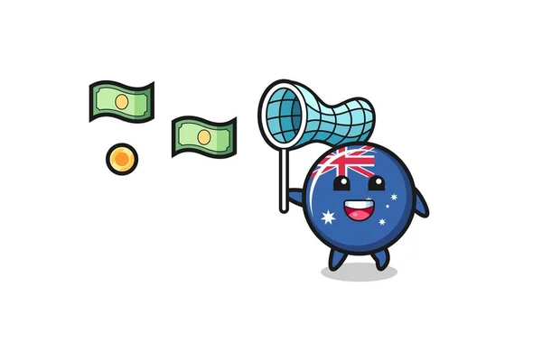 Illustration Australia Flag Catching Flying Money Cute Design — Stock Vector