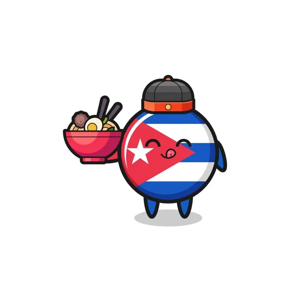 Cuba Flag Chinese Chef Mascot Holding Noodle Bowl Cute Design — Stok Vektör