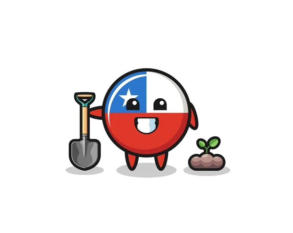 Cute Chile Flag Cartoon Planting Tree Seed Cute Design — Vector de stock