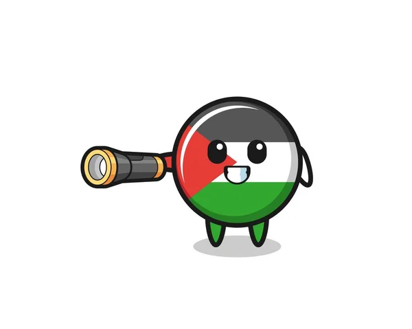 Palestine Flag Mascot Holding Flashlight Cute Design — Stockový vektor