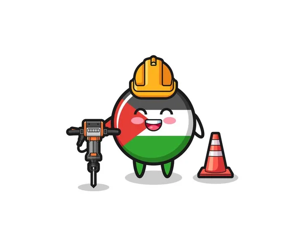 Road Worker Mascot Palestine Flag Holding Drill Machine Cute Design — 스톡 벡터