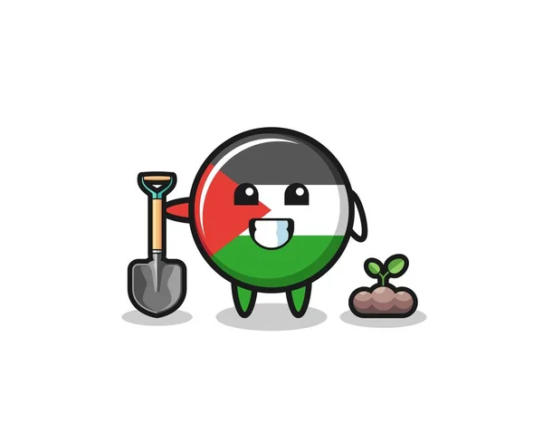 Cute Palestine Flag Cartoon Planting Tree Seed Cute Design — 스톡 벡터