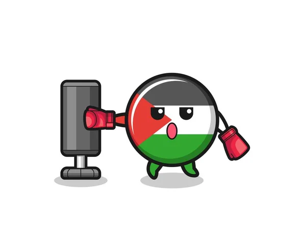 Palestine Flag Boxer Cartoon Doing Training Punching Bag Cute Design — Stockový vektor