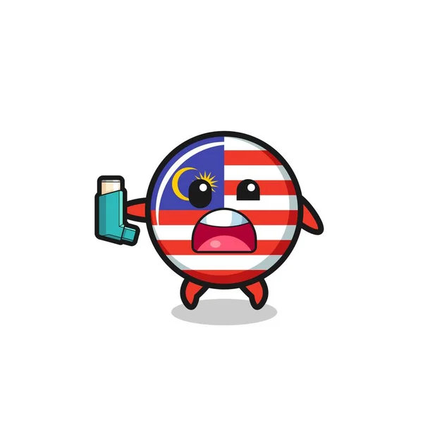 Malaysia Flag Mascot Having Asthma While Holding Inhaler Cute Design — 스톡 벡터