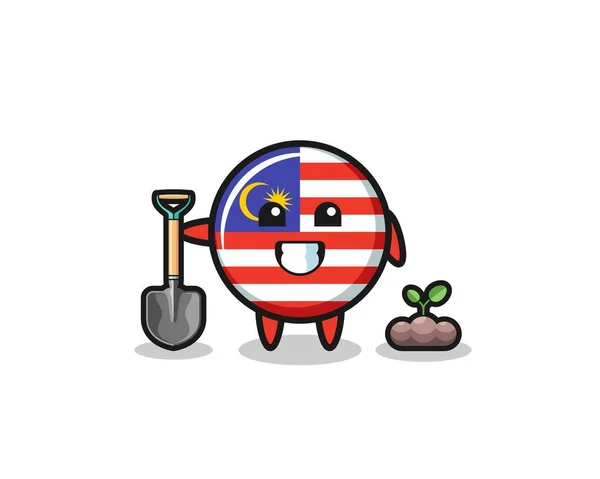 Cute Malaysia Flag Cartoon Planting Tree Seed Cute Design — Stockvector