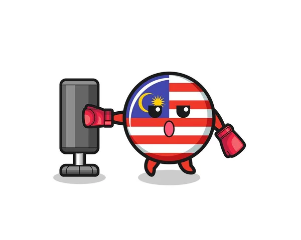 Malaysia Flag Boxer Cartoon Doing Training Punching Bag Cute Design — Vetor de Stock