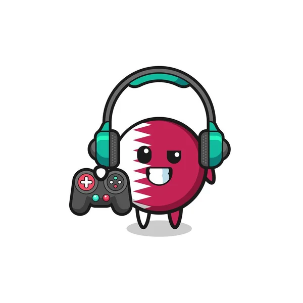 Qatar Flag Gamer Mascot Holding Game Controller Cute Design — Stockový vektor