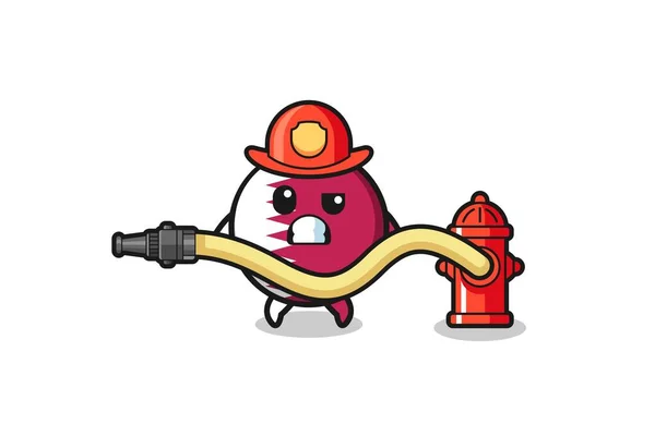 Qatar Flag Cartoon Firefighter Mascot Water Hose Cute Design —  Vetores de Stock