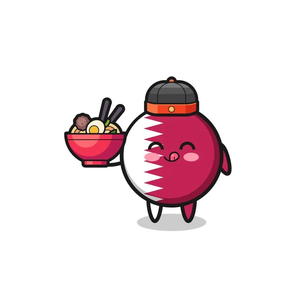 Qatar Flag Chinese Chef Mascot Holding Noodle Bowl Cute Design — Stock vektor