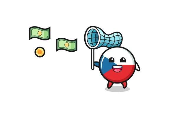 Illustration Czech Flag Catching Flying Money Cute Design — Stockový vektor