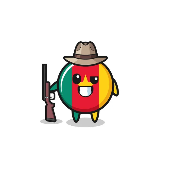 Cameroon Flag Hunter Mascot Holding Gun Cute Design — Stok Vektör