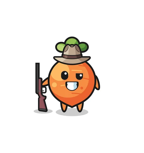 胡萝卜猎人吉祥物拿着枪 可爱的设计 — 图库矢量图片
