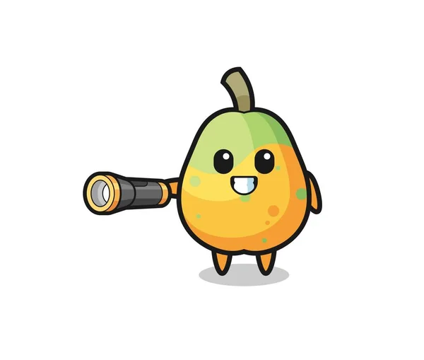 Papaya Mascot Holding Flashlight Cute Design — Stockvector