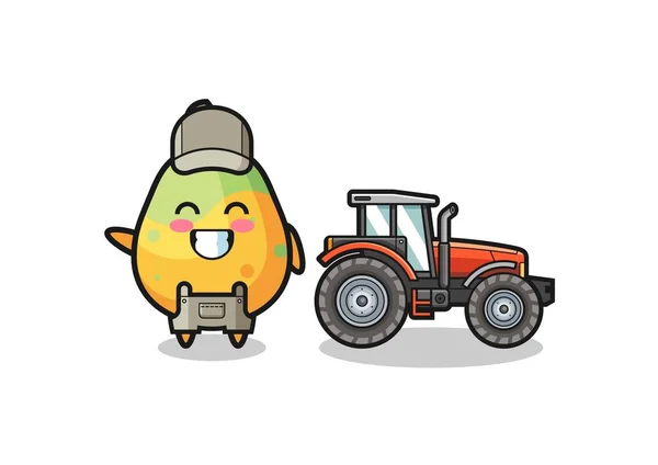 Papaya Farmer Mascot Standing Tractor Cute Design — Vector de stock