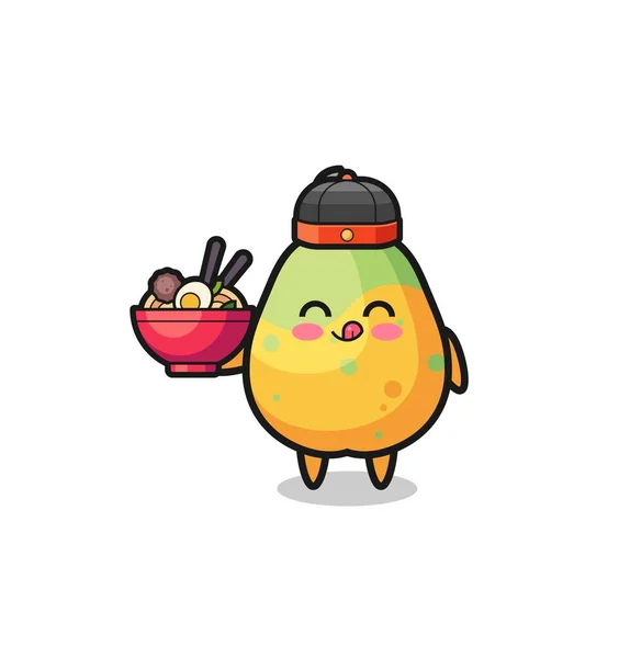 Papaya Chinese Chef Mascot Holding Noodle Bowl Cute Design — 스톡 벡터