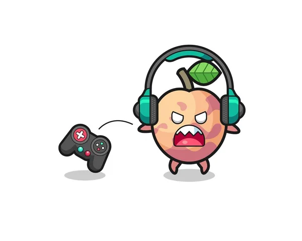 Pluot Fruit Gamer Mascot Angry Cute Design — Wektor stockowy