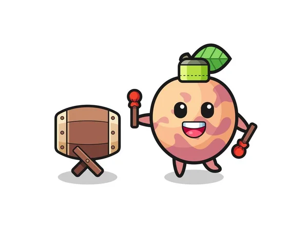 Pluot Fruit Muslim Cartoon Beating Bedug Cute Design — Wektor stockowy