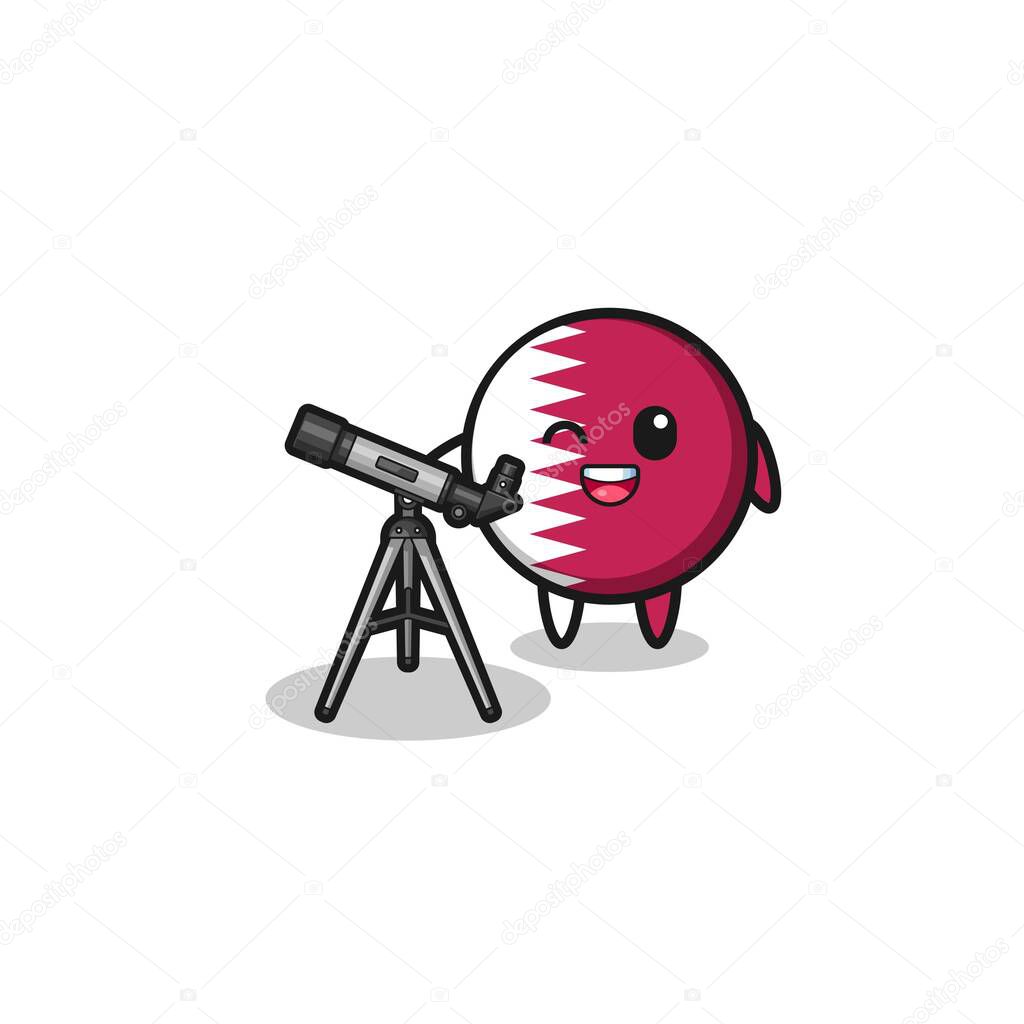 qatar flag astronomer mascot with a modern telescope , cute design