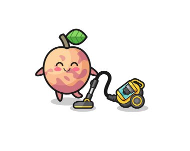 cute pluot fruit holding vacuum cleaner illustration , cute design