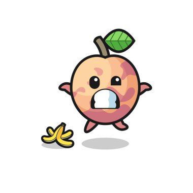 pluot fruit cartoon is slip on a banana peel , cute design