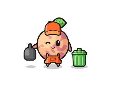 the mascot of cute pluot fruit as garbage collector , cute design