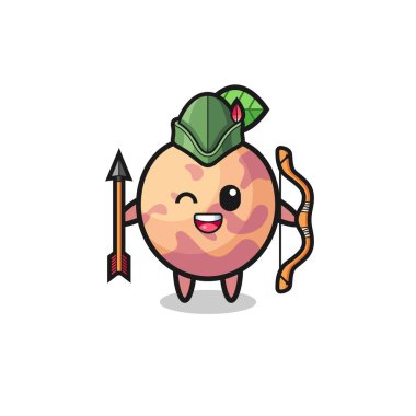 pluot fruit cartoon as medieval archer mascot , cute design