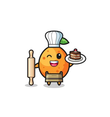 kumquat as pastry chef mascot hold rolling pin , cute design